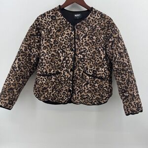 RNWY Leopard Print Quilted Puffer Jacket Women Medium Brown Black Snap Front